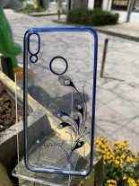 Луксозен силиконов гръб ТПУ Fashion ELEGANT пауново перо с 3D камъни за Huawei Y7 2019 DUB-LX1 син кант